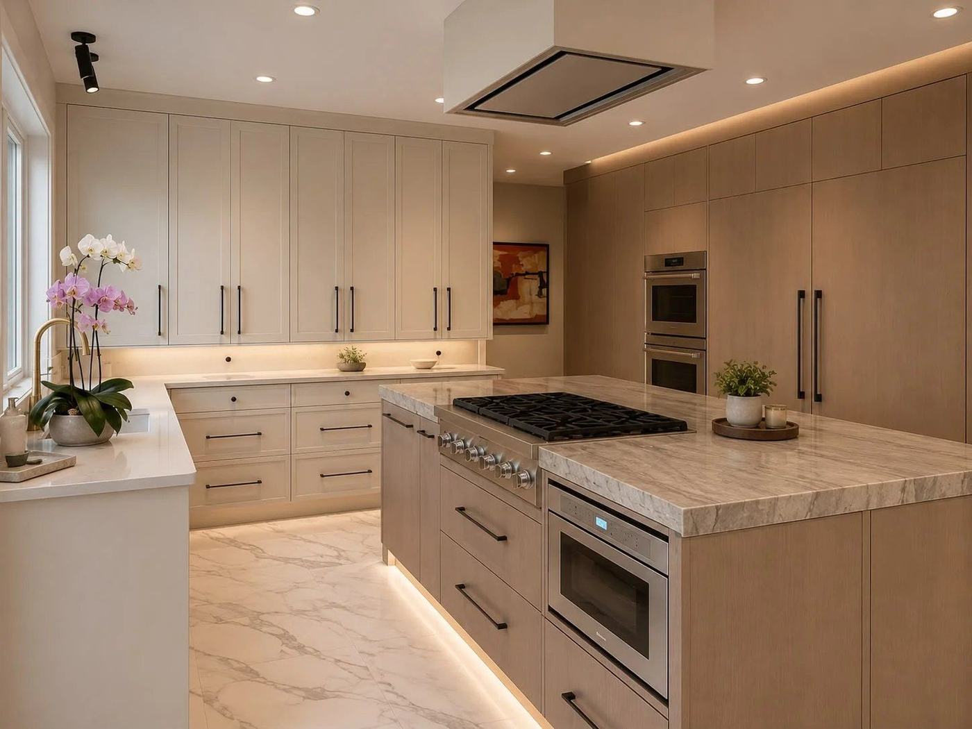 Cream and oak kitchen with a quartzite cooktop island and flush ceiling hood, by NewGen Renovations Vaughan